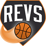Revs Basketball Team - Team name top, with fast moving basketball below it. Backdrop of logo is a shield